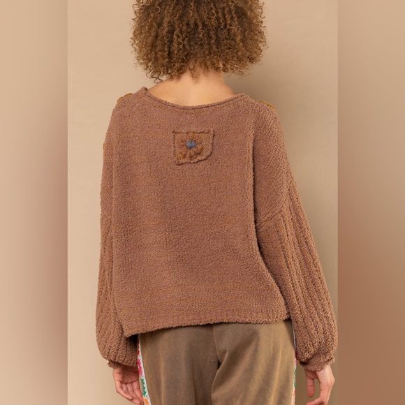LAST ONE POL Brown Textured Knit Flower Patchwork Sweater Top - Picture 2 of 7